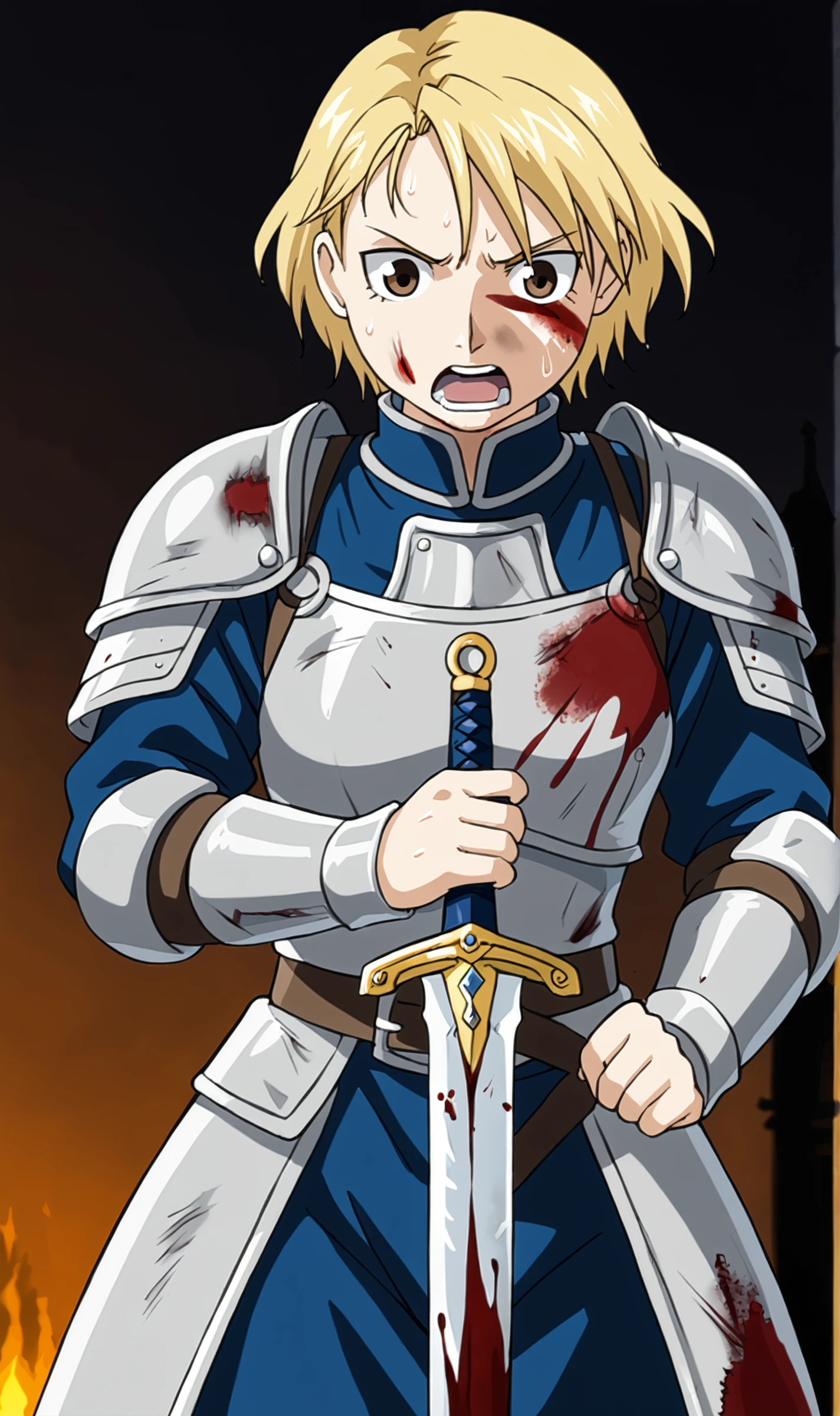 RH, 1girl, solo, blonde hair, short hair, brown eyes, Joan of arc theme, armor, holding sword shouting, blood, blood stains, sweat, sweat dripping, dirty, dust, dark sky, fire, medieval times, <lora:Riza Hawkeye Pony XL:0.7>