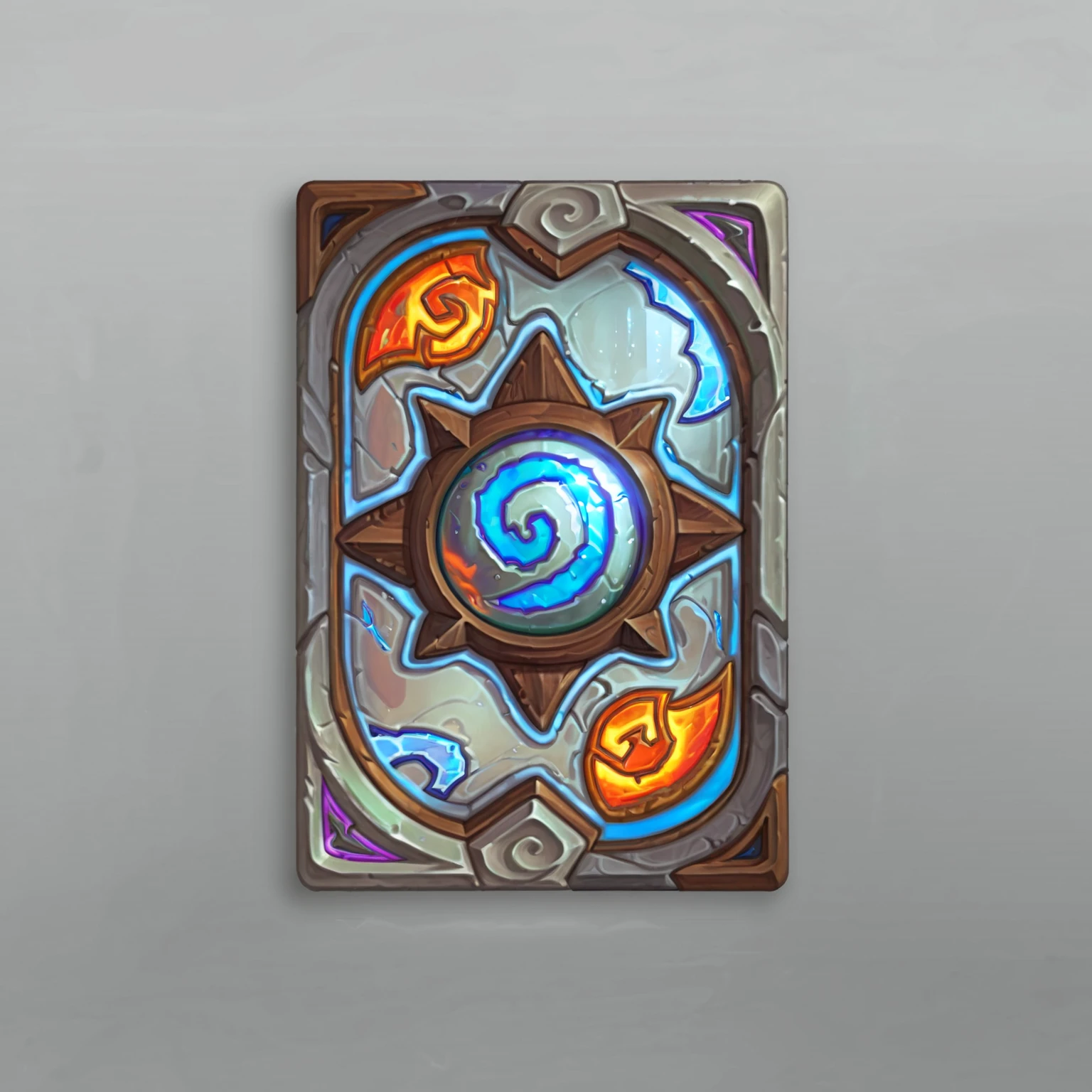 <lora:Hearthstone_Card_back-DoRA_V1:0.75>
a card back reflecting a mirror world, in the center is the hearthstone logo, solid light grey background