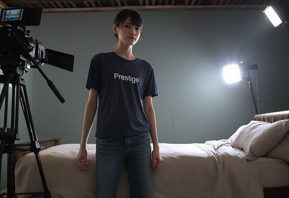 Um1-chan standing in a film studio next to a bed. The film studio has a video camera and lights. Um1-chan is wearing jeans and dark blue tee shirt. Um1-chan's tee shirt has "Prestige" printed on it. The studio is dimly lit with the bed strongly lit by the studio lights.