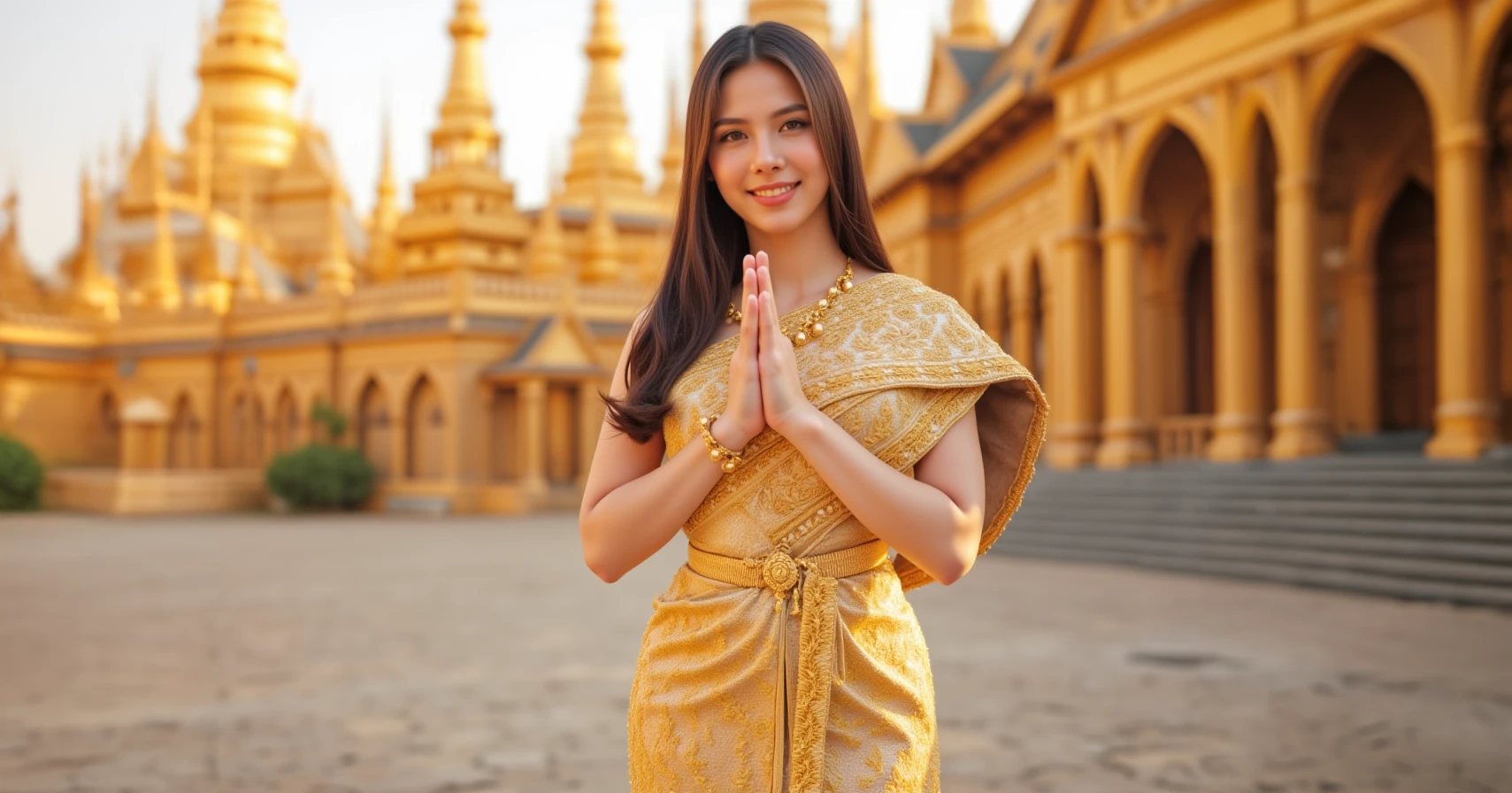 Sabaihtai, detail dress with intricate golden embroidery, worn by a womanPress the palms together in front of the chest in a respectful gesture,smily teeth, and standing in front of the Grand Palace. The camera captures a wide shot with the ornate architecture and golden spires. The thai traditional dress glows under the soft afternoon light, creating a majestic atmosphere. <lora:Thai_tradional_dress_Flux_-000006:1>