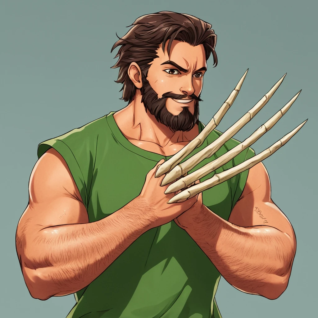 anime artwork of <lora:BoneClaws-000003:0.6>
In BoneClaws style a man with a long beard and a green shirt holding a pair of bone claws, cinematic, detailed bone claws, perfect claws, perfect hand with perfect claws, BoneClaws style, solo, smile, short hair, simple background, shirt, brown hair, 1boy, holding, closed mouth, upper body, male focus, collared shirt, pants, signature, from side, profile, facial hair, sleeves rolled up, sideburns, green shirt, arm hair, anime style, key visual, vibrant, studio anime,  highly detailed