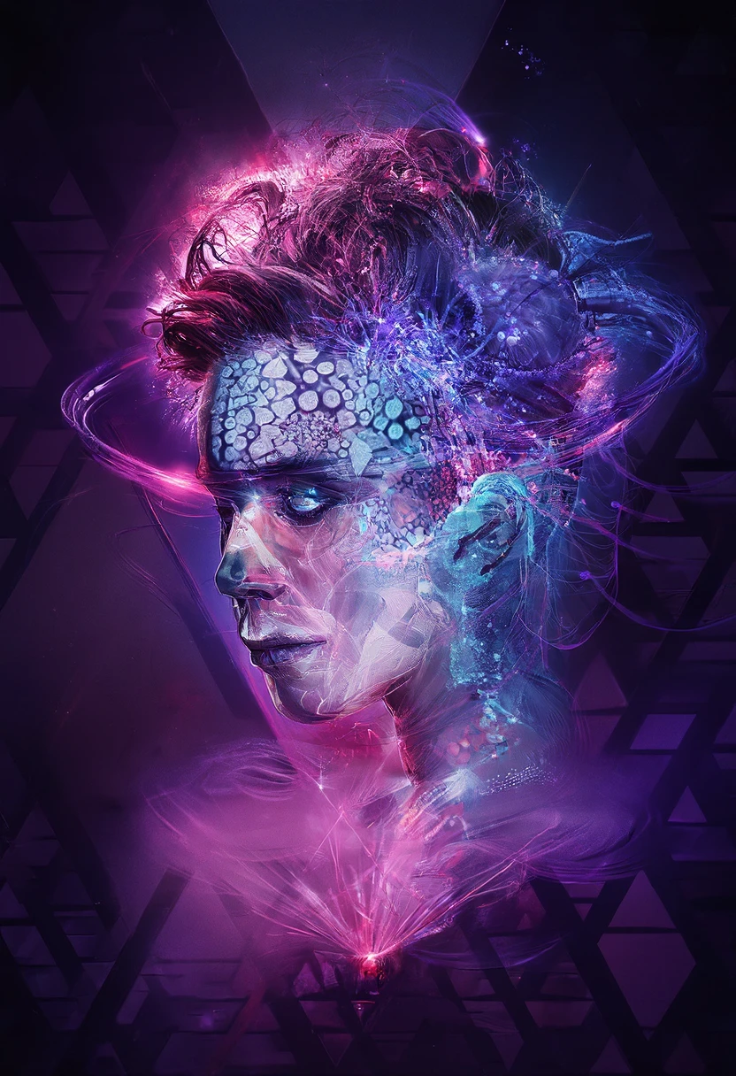 Digital visionary art piece that appears to be a portrait of a person's head. The person's face is in the center of the image, with their eyes closed and their head tilted slightly to the side. The background is a dark purple color with a geometric pattern of triangles and lines.

The person's hair is styled in a way that creates a sense of depth and dimension. The head is made up of a series of interconnected lines and dots, creating a complex and intricate design. The lines are in different shades of pink, purple, and blue, and the dots are scattered throughout the image. The overall effect is one of energy and movement, with the colors blending together to create a surreal and dreamlike atmosphere. Art by Android Jones