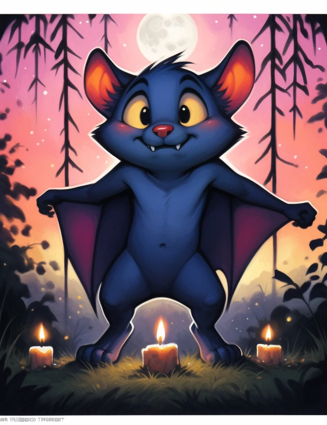 <lora:FlyingBatBrotherYif:1> FlyingBatBrother, bat,  blue fur,  red nose, (chibi), vampire, fangs, yellow sclera,
Looks at the viewer,  [ forest with ghosts, ((night)), moon, trees, stars,]  
[ large window, (nature), forest, grass, clouds, flowers,  blue pillows, candles, bed, , ]
(beautiful, aesthetic, perfect, delicate, intricate, saturated colors), masterpiece, digital drawing, best quality,
by by Faustsketcher, by Brian M. Viveros, by Colin Campbell Cooper, by Tsampikos