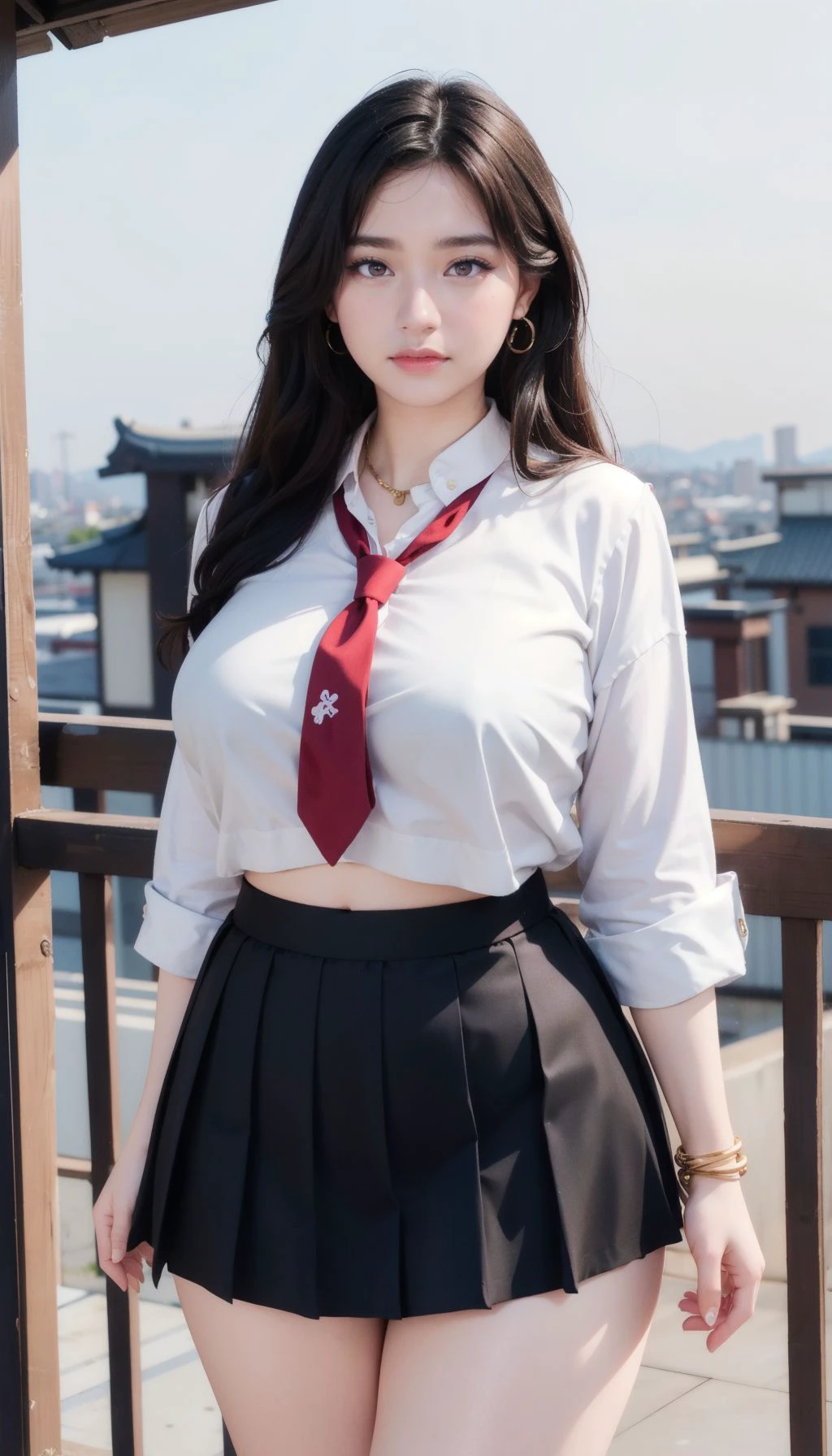 (RAW photo,best quality),girly,1girl, hair decoration, rooftop of a building, japanese culture houses, detailed background,soft lighting,gorgeous light and shadow,stunning environment, hyperdetailed,(aestheticism),golden hour,
<lora:jillian:0.7>, ((black hair)), necklace, bracelet, earrings, thick thighs:0.4, narrow waist, ,navel, legs, (school uniform:0.6, white polo:0.5, open button, necktie between breasts, cleavage:1), panty:1, dark skirt,
<lora:breastsizeslideroffset:0.16>, red lips:0.7, face blush:1.2, mole on breasts, naughty face, looking at viewer, mole on thigh, mole under eye,
cameltoe, <lora:skin_tone_slider_v1:-1.2>, <lora:bhdtz:0.6>, cowboy shot, dynamic pose