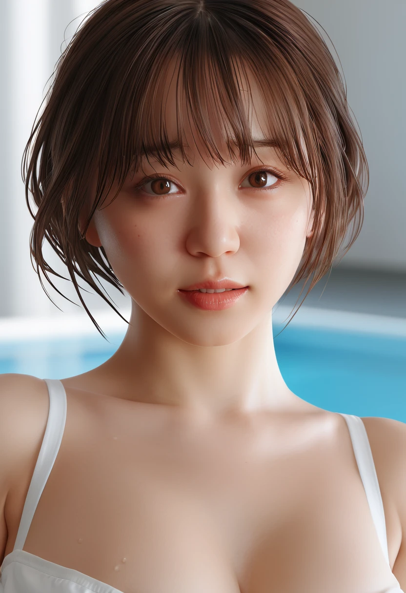 (Masterpiece,Best Quality:1.4),8k,(Movie-like footage,move photo:1.2),Hi-Res,Glossy Skin,Super Detailed Skin,Detailed Beautiful Face, 1girl, solo, detail eye, watery eyes,looking at viewer, short hair, simple background, large breasts, brown hair, white background, cleavage, bare shoulders, medium breasts, brown eyes, upper body, parted lips, teeth, lips, head tilt, camisole, realistic, photorealistic, kooo123, koooitomoe <lora:Ito_Moe_v1_XL:0.8>