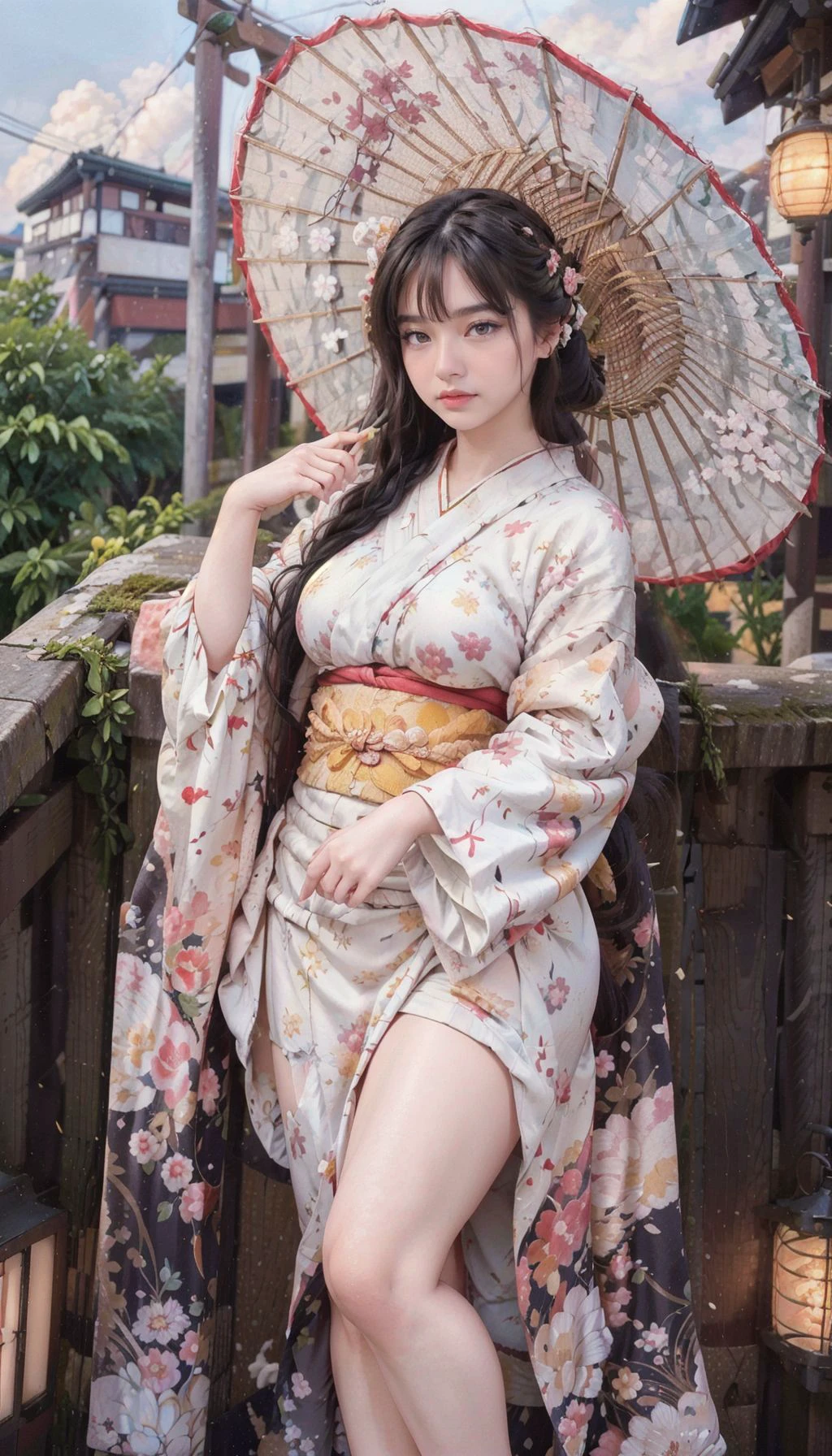 (RAW photo,best quality),girly,1girl, hair decoration, rooftop of a building, japanese culture houses, detailed background,soft lighting,gorgeous light and shadow,stunning environment, hyperdetailed,(aestheticism) ,golden hour, <lora:jillian:0.7>, ((black hair)), necklace, bracelet, earrings, thick thighs:0.4, narrow waist, legs:1, (side slit, cleavage:0.7), <lora:breastsizeslideroffset:0.16>, red lips:0.7, face blush:1.2, mole on breasts, naughty face, looking at viewer, mole on thigh, mole under eye, <lora:skin_tone_slider_v1:-1.2>, <lora:bhdtz:0.6>, cowboy shot, dynamic pose,  <lora:realistic_kimono_clothes:0.8> wearing kimono_clothes, holding umbrella