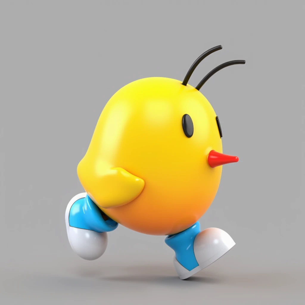 <lora:flux_tikibirdv2_000002200:1>An image of a tiki bird that is yellow and orange gradient with blue and white boots. It has three thin black hairs on its head. It's on a grey background with a soft shadow underneath it and is a 3D render in a running pose.