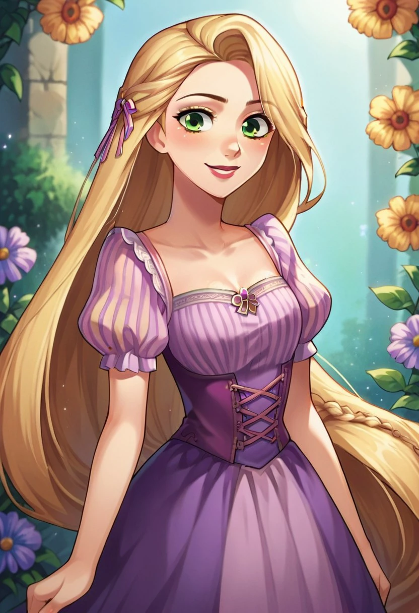 score_9, score_8, score_7, source_anime, rapunzel (grimm), 1girl, solo, dress, flower, smile, looking at viewer, collarbone, purple dress, braid, blush