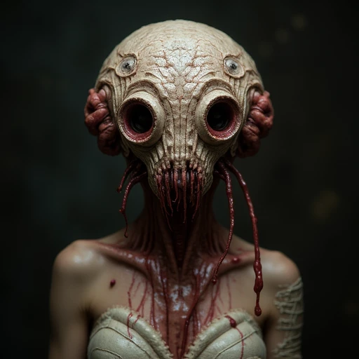 female, insect head, Visitor, Flesh, deformed head, gasmask, flesh mask, unusual, organic technology, worm mask, insect head, beauty, skin cloth, dark, meat, female, body horror,  no eyes, gouged, Flesh, meat, red, blood, cerebral, bloodvessel, veins, humanoid, bandages, intestinal