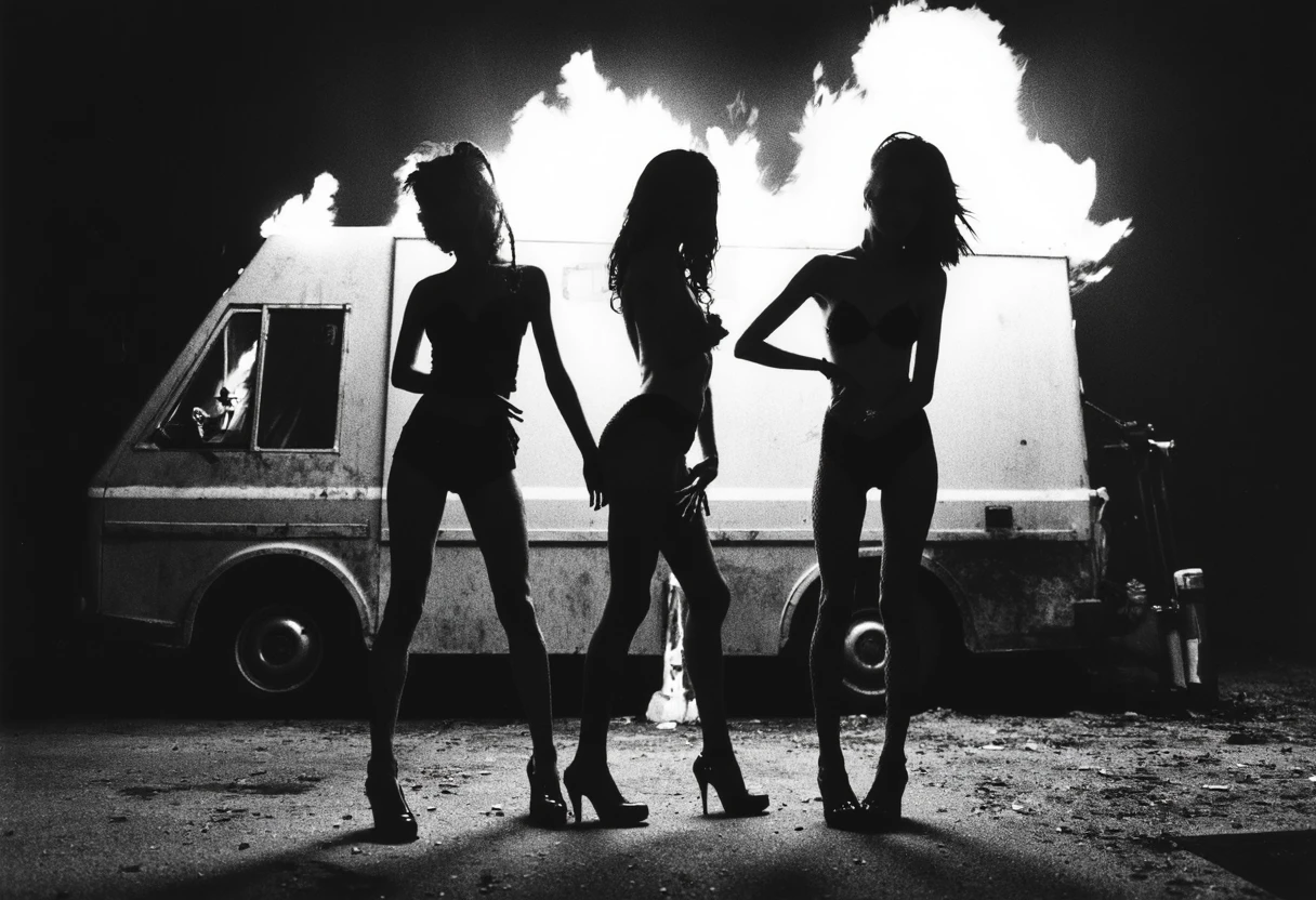 A blurry black and white photograph of a female punk band, standing in front of a burning icecream van.
Each woman has a distinct pose and expression, and they are all wearing fishnet stockings
The photo has a high contrast, with prominent film grain, shot on Kodak TRI-X 400. Dramatic lighting enhances the mysterious atmosphere, and a subtle vignette frames the scene.