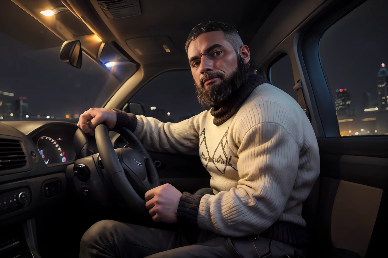 three quarter side view, hyperrealistic, (masterpiece), high details, ultra-realistic, photograph of (<lora:josephov1:1>josepho, short hair, black hair, brown eyes, facial hair, beard, hairy arm, solo, realistic, manly, mature male, male focus), sitting in a car interior, behind steering wheel, dashboard, carseat, front seat, looking at viewer, arm on car door, blurry Atlanta commercial district background, bokeh, 32k, cinematic, midnight, (((sweater))), (((pants, slacks))), (((SFW))),