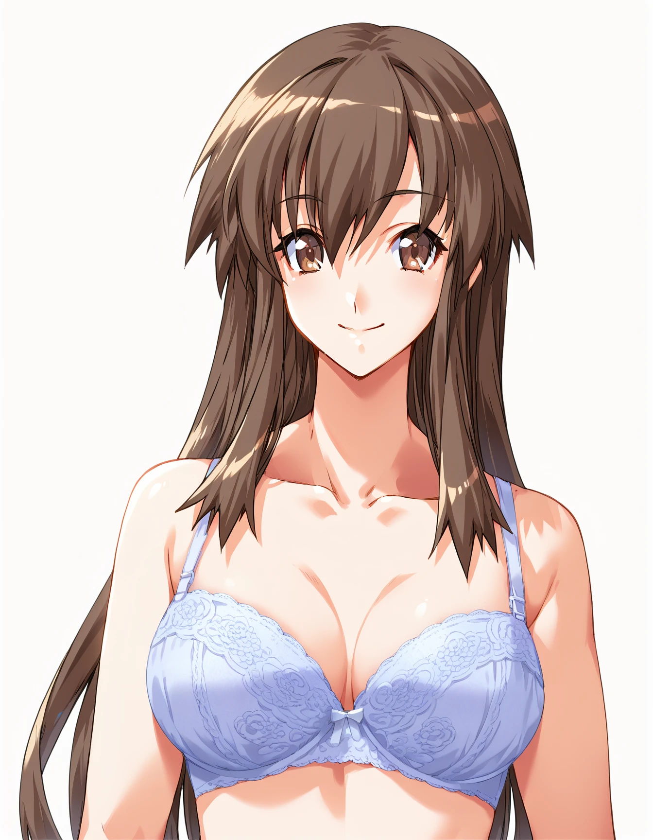 <lora:Ootsuki_Sakumi_MHW:0.9>, sakami_mhw, brown hair, long hair, brown eyes, 1girl, solo, closed mouth, smile, white bra, lace bra , cowboy shot, score_9, score_8_up, score_7_up, masterpiece, best quality, source_anime,