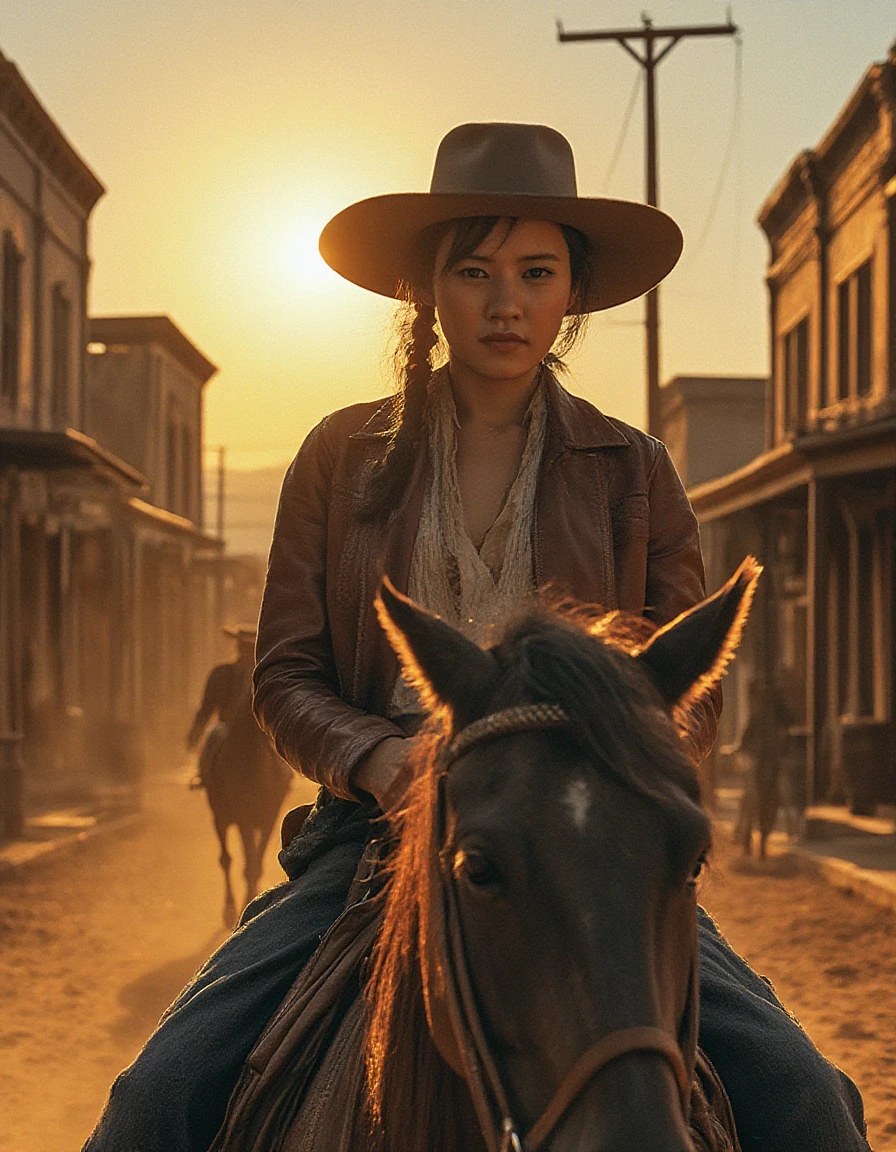 Um1-chan is a Japanese cowgirl in the old west. Um1-chan is wearing western clothing and open leather jacket. Um1-chan is riding a horse down a dusty western town street at sundown. Um1-chan has a focussed expression. Spaghetti-Western movie atmosphere