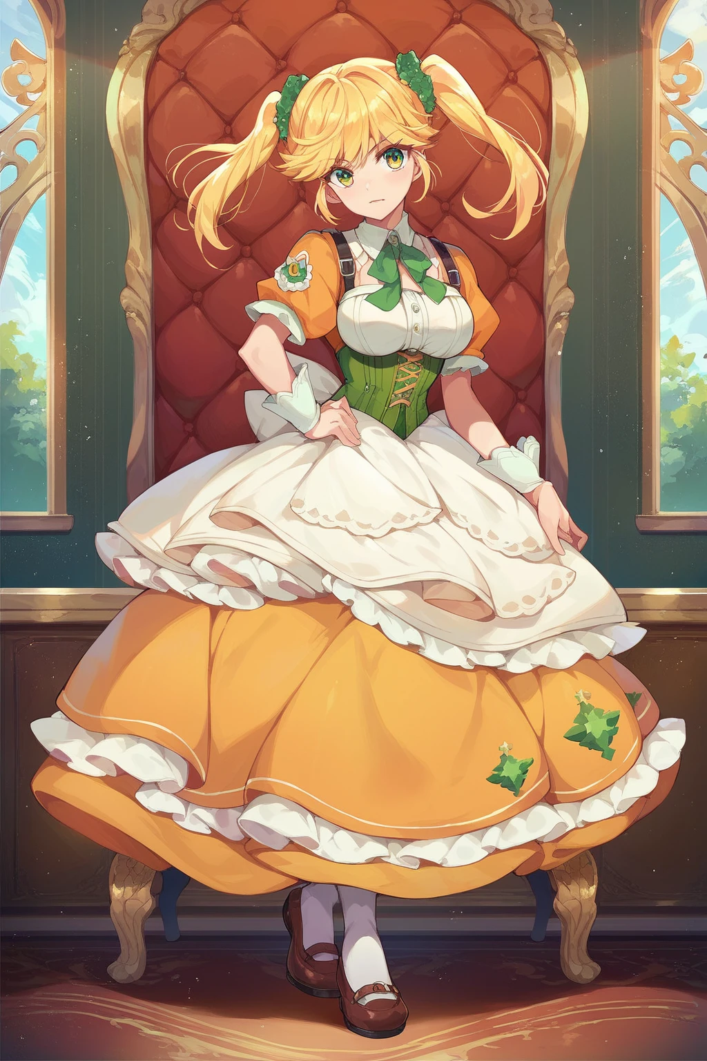 score_9, score_8_up, score_7_up, score_6_up, score_5_up, score_4_up, masterpiece, high quality, full body,    <lora:Tarte(WFA):1> blond hair, yellow hair, green eyes, orange maid clothes, twintails, large breasts, green corset,