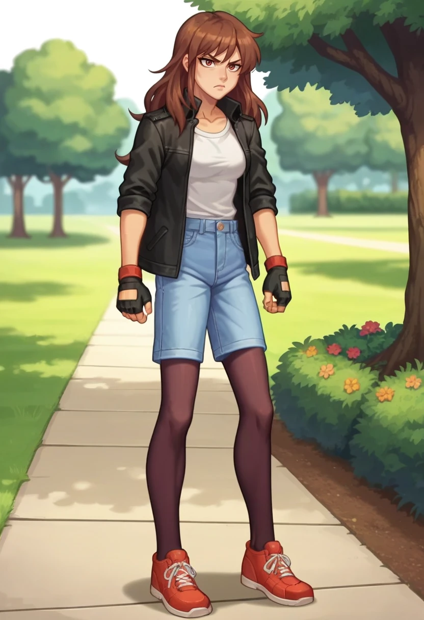 PonyXLV6_Scores,source_anime,anime screencap,1girl,clairefv,standing,serious expression, <lora:ClaireFV:0.86>,long hair,brown hair,straight on,black jacket,shirt,fingerless gloves,denim,shorts,pantyhose,shoes,full body,outdoors,park,(solo:1.2),medium breasts