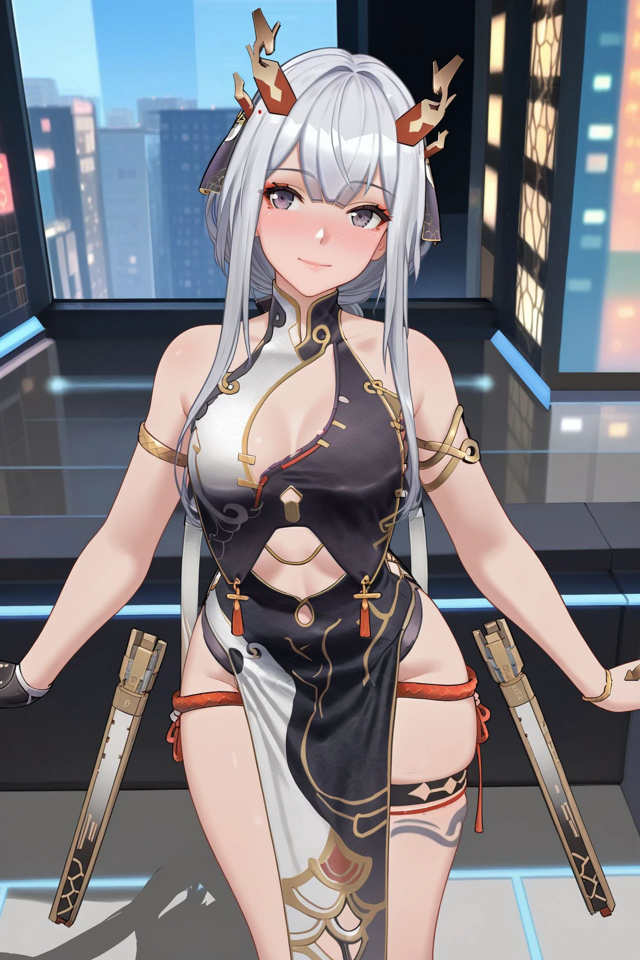 1girl, solo, looking up, naughty_smile, blush,  <lora:sb-Chenxing-EtherealCloud-InkstrokeDragoness_PonyXL_cha_v01:0.7> sb-chengxing-ecid, dress, gloves, pelvic curtain, thigh strap, horns, armlet, tail, makeup