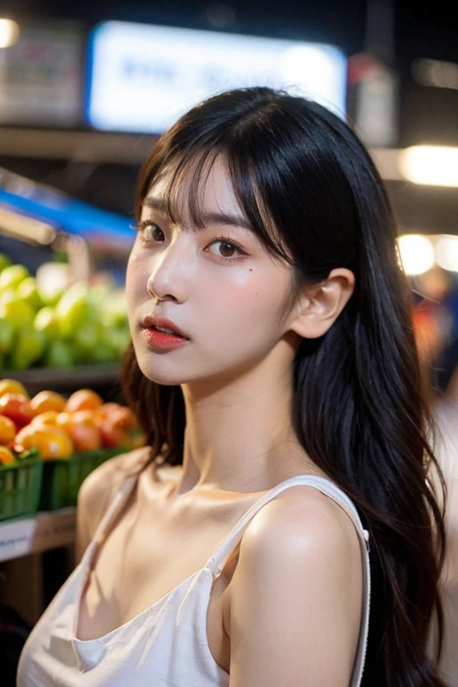 masterpiece, best quality, ultra-detailed, ultra high res, (photorealistic:1.4), raw photo, (realistic:0.2), 8k HDR, realistic lighting, looking at viewer, 1girl, solo, asymmetrical hair, outdoor, (traditional market:1.2), (day), bokeh, (detailed lips), (detailed pores), (detailed skin textures), (detailed face:1.2), (body:1.2), a woman in a dress, (asian:0.2), standing,