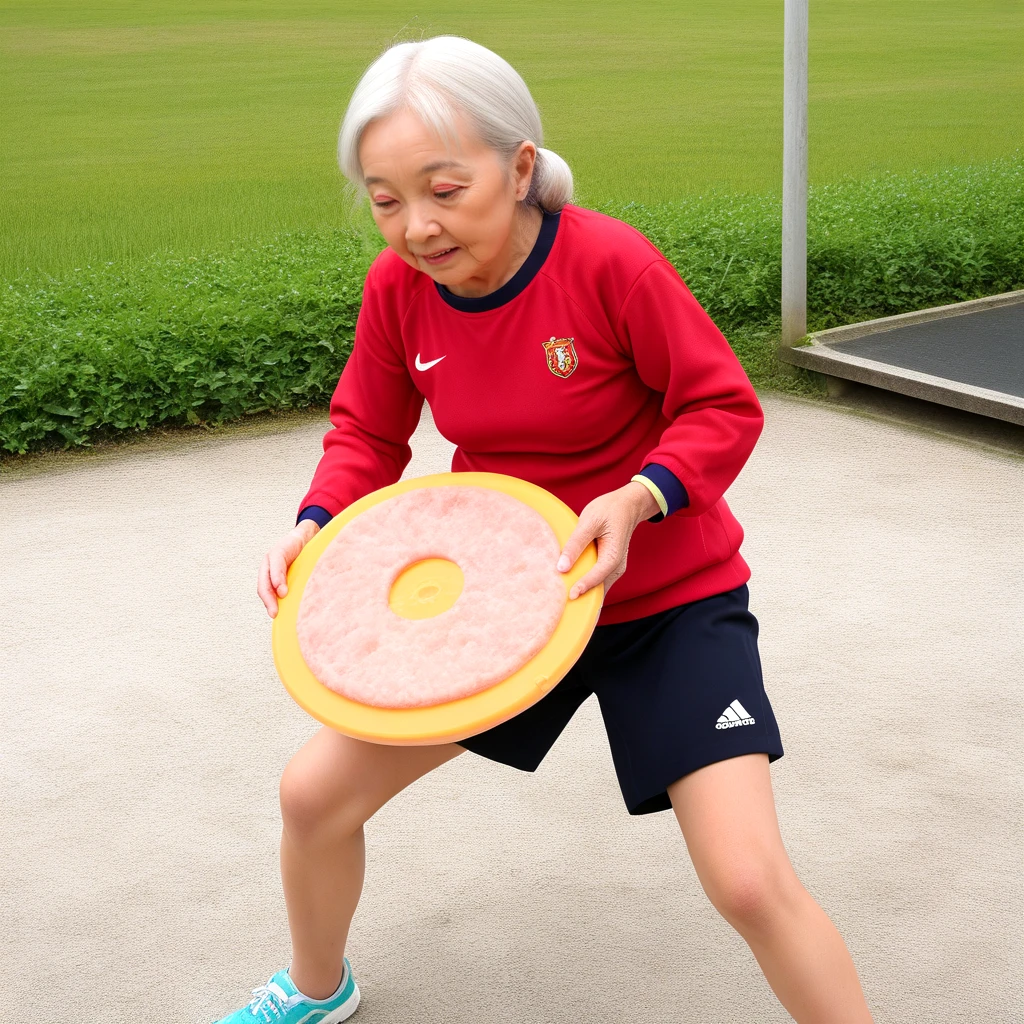 <lora:fish_steak_tartare_SDXL:0.5>, old woman, playing, meat frisbee with rice, outdoor, sportswear, realistic