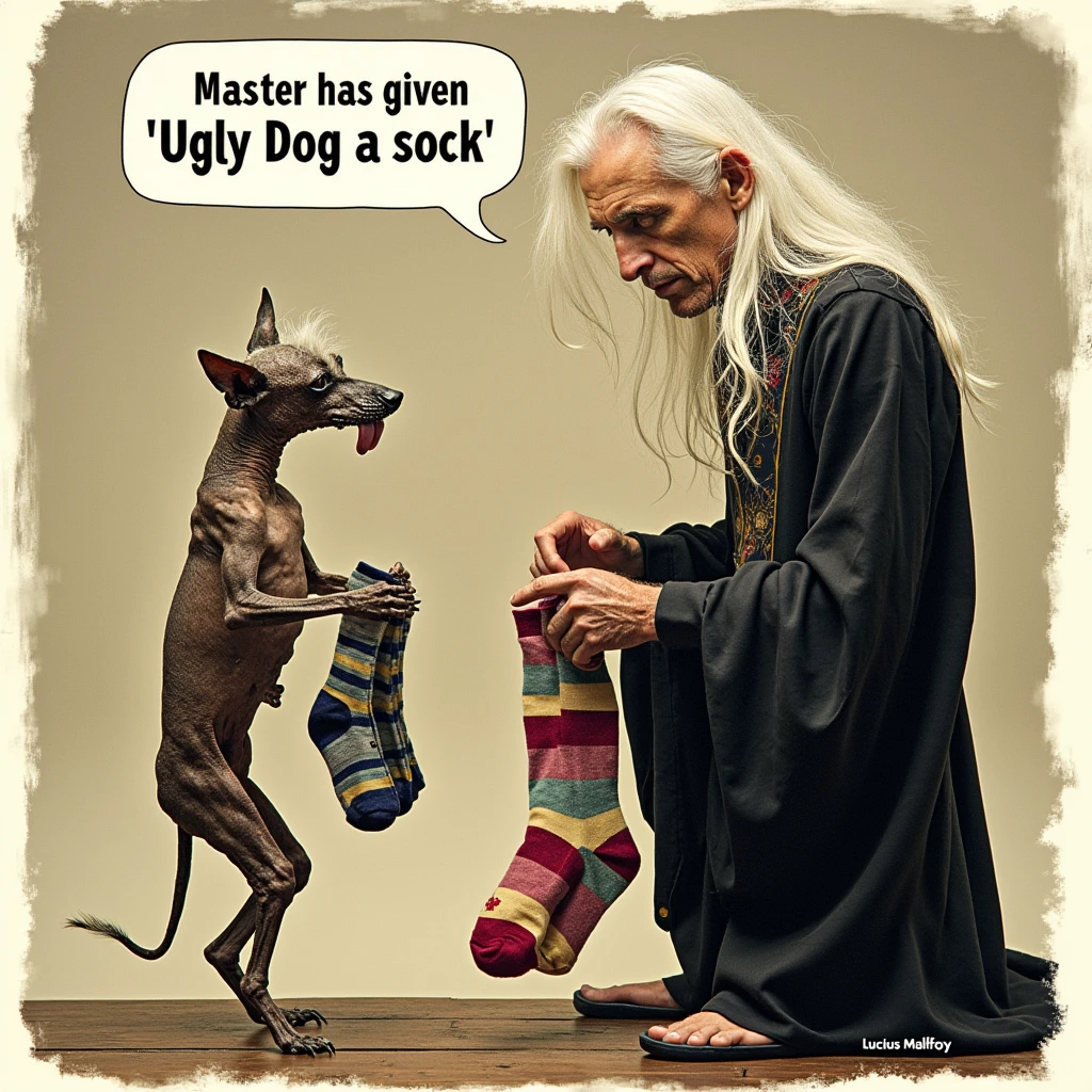 detailed photograph, uglydog, an ugly skinny hairless dog, blind, balding ugly skin, tongue hanging out with long toenails, standing on feet holding socks next to a beautiful man with long white hair, Lucius Malfoy, speech bubble that says "Master has given Ugly Dog a sock"