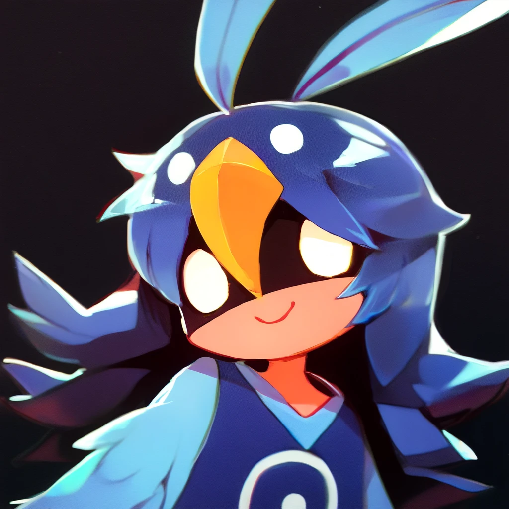 AlulaOneShot, female, solo,  harpy humanoid, long hair,blue feather in hair, multi eye, yellow beak on forehead, blue feathers, blue sleeveless dress,
short,
white eyes, empty eyes, close-up, bust portrait, closed smile, looking at viewer, dutch angle, source_anime, black background
<lora:[PDXL_v6]_Alula_OneShot_v.1-000033:1.0>, BREAK score_9, score_8_up, score_7_up, score_6_up, score_5_up, score_4_up