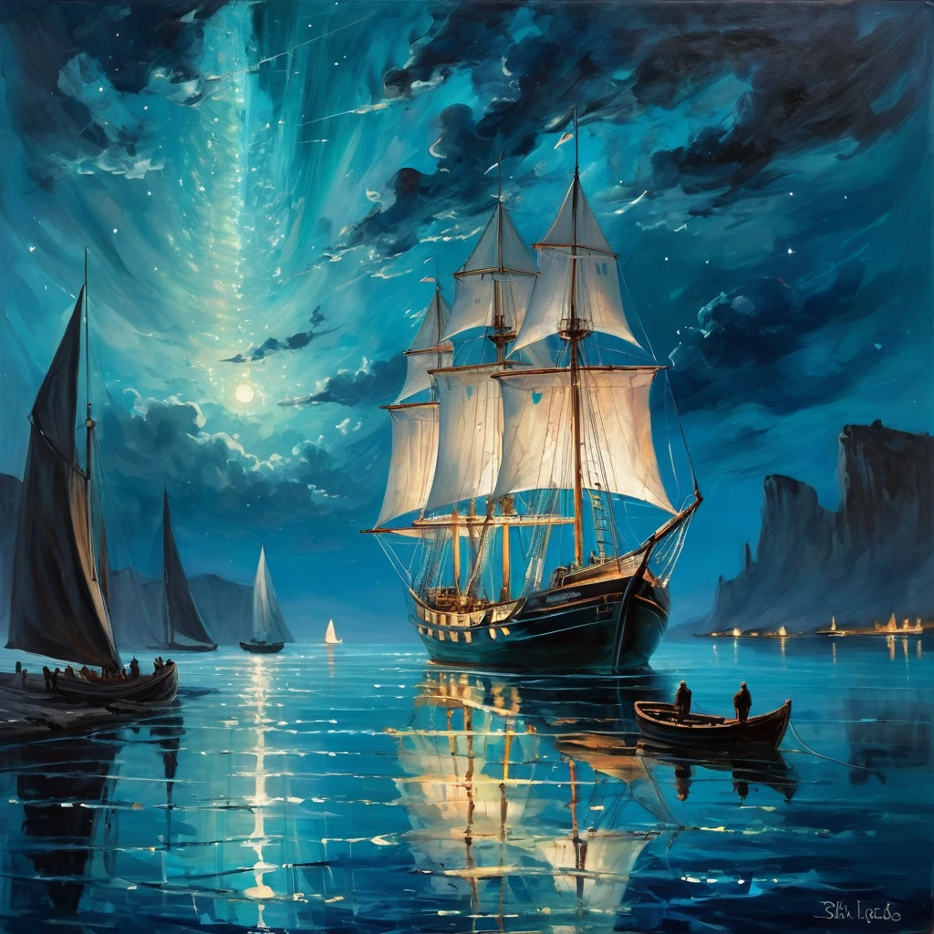 S_Styled painting of a ship with rope and a sail and dark aquamarine water reflects white mystical starlight miracle supernova from within a blue twilight sky, boats and ships, lonely figures, boat, mast, sail, miracle