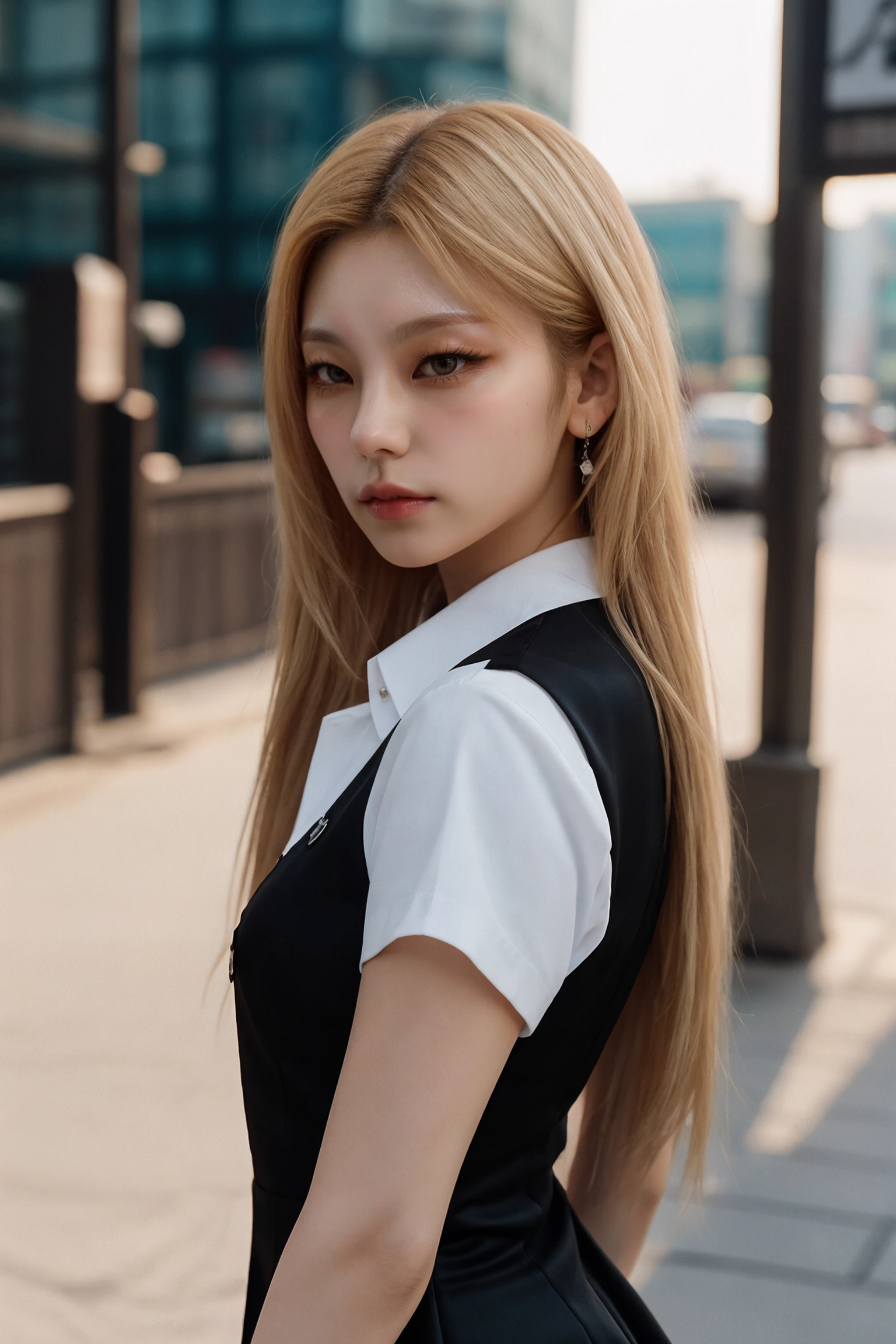 (cinematic light), [extremely detailed background], 1girl, solo, long hair, looking at viewer, blonde hair, jewelry, (black dress, white collared shirt), earrings, hwangyeji <lora:Yejiv2-000006:0.95>