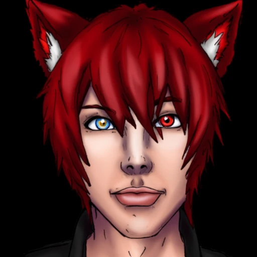 Duskfallcrew Art Style, 1girl, solo, looking at viewer, short hair, blue eyes, simple background, red eyes, animal ears, yellow eyes, male focus, red hair, parted lips, cat ears, lips, heterochromia, black background, portrait,