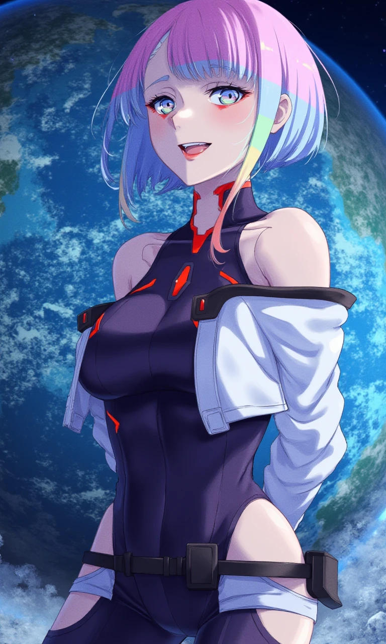 1girl, solo, planet, earth \(planet\), multicolored hair, blue eyes, looking at viewer, breasts, jacket, bare shoulders, leotard, short hair, off shoulder, space, shorts, open mouth, smile, long sleeves, white jacket, black leotard, arms behind back, highleg, gradient hair, standing