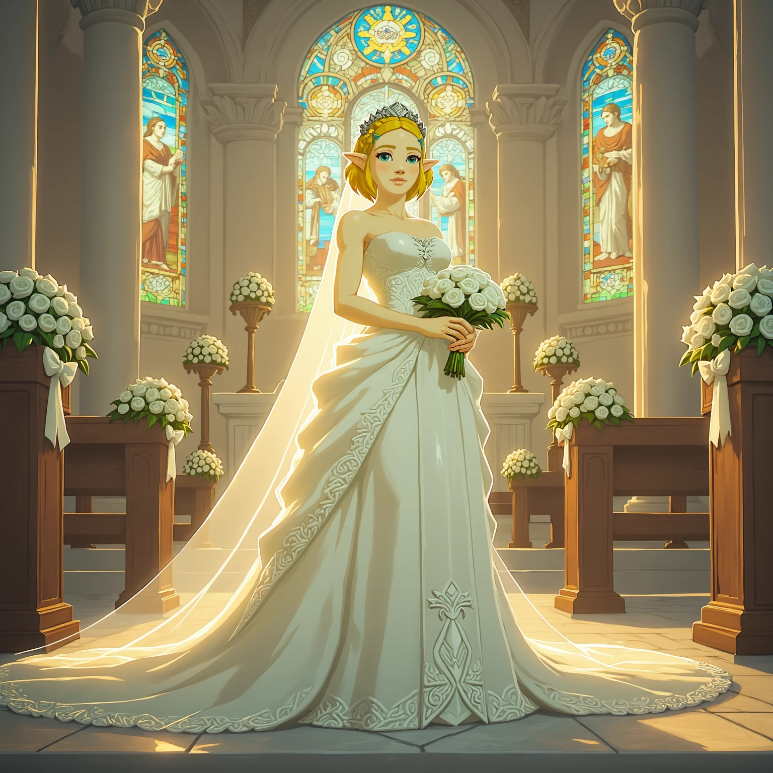 DGMA style Princess Zelda standing gracefully at the altar of an ornate church, bathed in soft, golden light streaming through stained glass windows depicting scenes of ancient legends, wearing an exquisite wedding dress that cascades around her in layers of delicate white lace and silk, the bodice adorned with intricate floral embroidery and tiny shimmering pearls, a long, flowing veil trailing behind her, crowned with a delicate tiara of silver and diamonds, her blonde hair elegantly styled with a few loose curls framing her face, her hands gently holding a bouquet of white roses and lilies, the church's interior grand and majestic, with towering arches, marble columns, and rows of wooden pews decorated with soft white ribbons and fresh flowers,she is looking at the viewer with her lips slightly parted