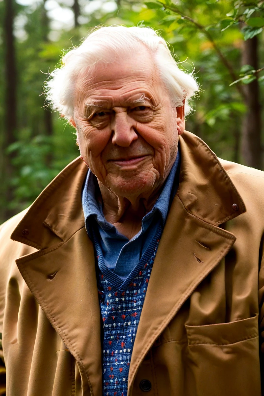 score_9, score_8_up,upper body, score_7_up, 1boy,david attenborough,old man,white hair,brown coat,shirt,solo,old man,outdoor,forest