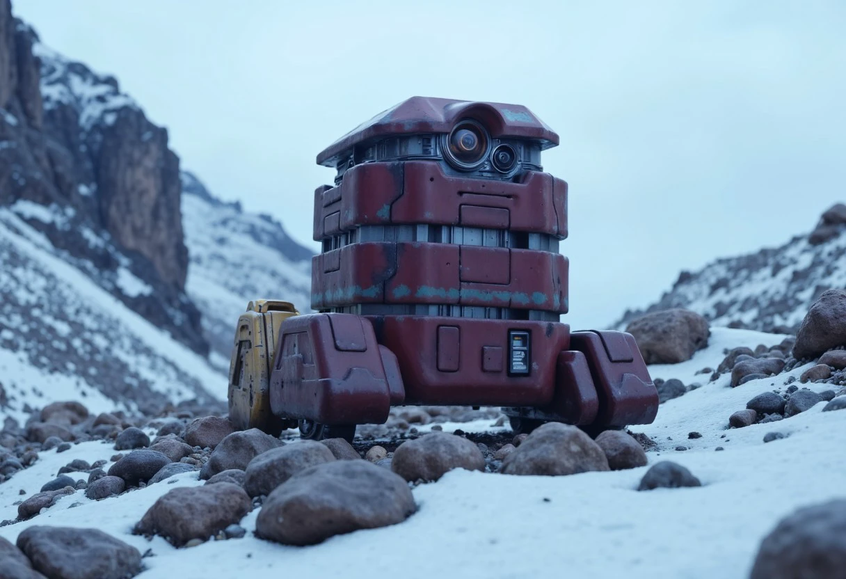 Star wars purple B2EM0 droid climbing on a mountain, rocky landscape covered with snow, cinematic lighting, it's snowing