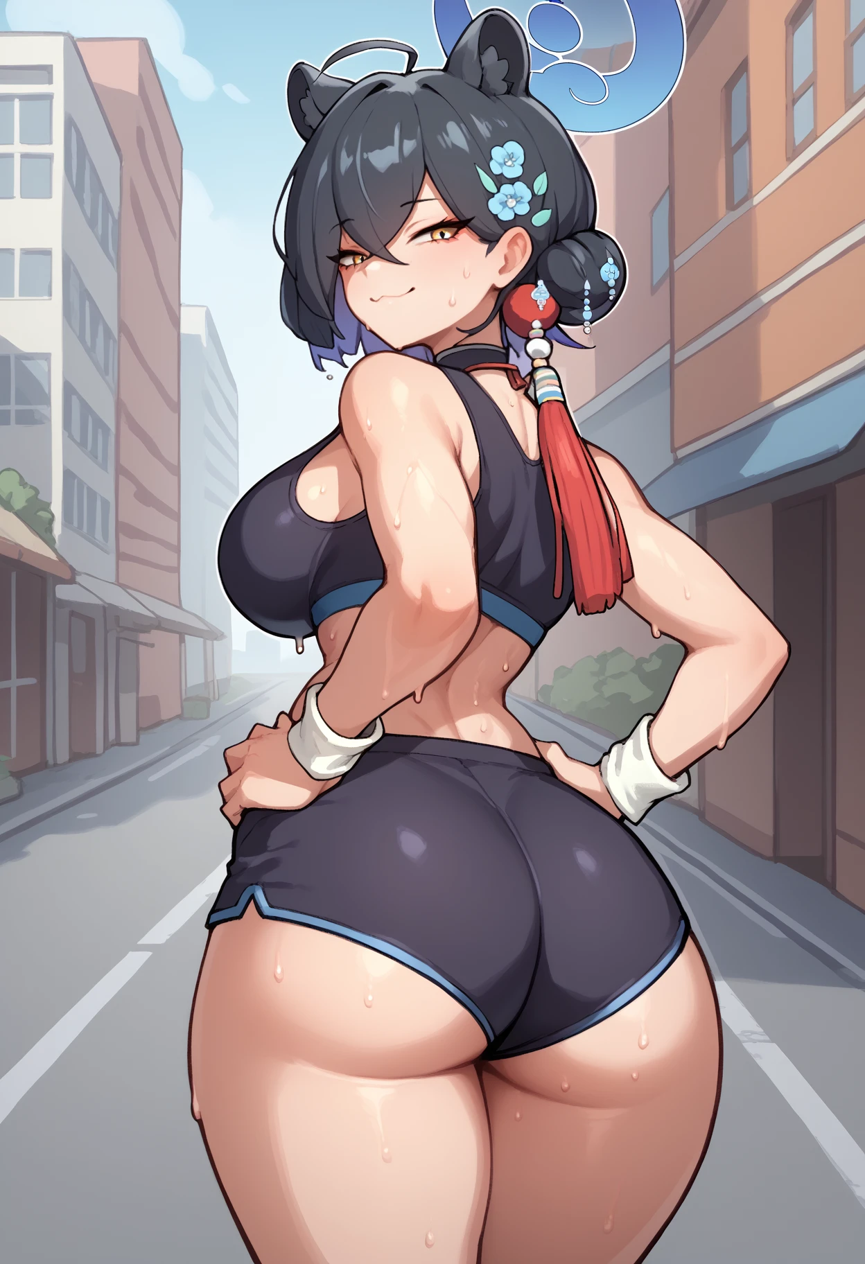 score_9, score_7_up, from behind, solo, 1girl, kaguya urushibara, sweat, smirk, looking back, hands on own hips, crossed bangs, ahoge, hair bun, tassel hair ornament, hair flower, animal ears, blue halo, black sports bra, black shorts, short shorts, large breasts, ass, outdoors, city street
<segment:yolo-face_yolov8m.pt,0.35,0.5//cid=1>