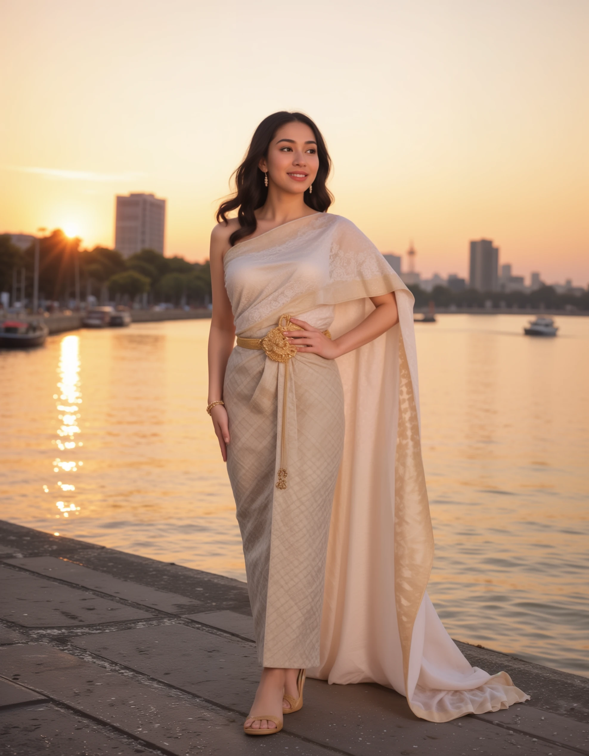 "Sabaithai, modern thai traditional dress by the Chao Phraya River, with sunset hues blending with the water." <lora:Thai_tradional_dress_Flux_-000005:1.0>