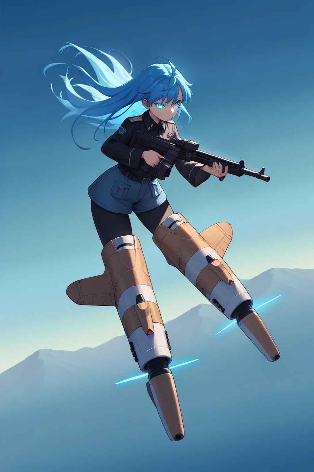 score_9, score_8_up, score_7_up, score_6_up, score_5_up, score_4_up, source_anime, rating_safe, 1girl, striker unit, flying, uniform, long hair, blue hair, blue eyes, glowing eyes, holding gun, weapon