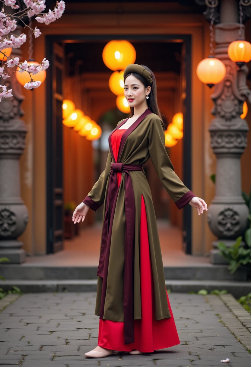 A young Vietnamese woman dressed in a traditional Áo Tứ Thân with rich, earthy colors of deep brown, olive green, and maroon, layered over a bright red yếm. Her hair is styled in a traditional bun, with a silk scarf loosely tied around her head. She is standing gracefully at the entrance of an ancient Vietnamese temple, with intricate carvings and weathered stone walls. The soft glow of lanterns illuminates her serene face and the delicate folds of her dress. Around her, there are blooming cherry blossoms and incense smoke swirling in the evening air, adding a mystical atmosphere to the scene. Photorealistic, 4K resolution, evening lighting with a warm, golden hue