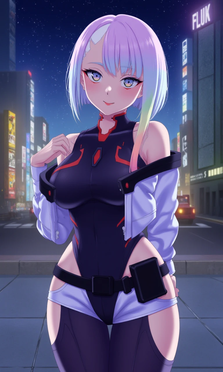 1girl, solo, lucy_flux, medium hair, sidelock, two-tone hair, gradient hair, mekeup, red eyeliner, red lips, android, medium breasts, highleg leotard, black leotard, belt, highleg shorts, white shorts, thickhighs, white jacket, cropped jacket, outdoors, city, night, anime screencap, light smile, arms behind back, masterpiece 