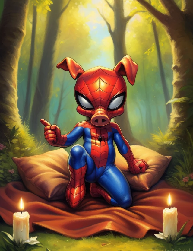 <lora:SpiderHamYif:1> SpiderHam, chibi,  male,  (pig_tail,)
Looks at the viewer, tight clothing, (kneeling on one leg)
[ large window, (nature), forest, grass, day shining, clouds, flowers, blanket, blue pillows, candles, bed, pillows, ]
(beautiful, aesthetic, perfect, delicate, intricate, saturated colors), masterpiece, digital drawing, best quality,
[by kenket|by totesfleisch8], by thebigslick:by silverfox5213:0.8], [by syuro, by paloma-paloma::0.2, (Tricksta, TotesFleisch8)