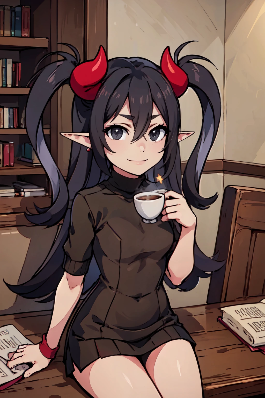 ((masterpiece,best quality)), absurdres,  BREAK,, <lora:Luceria:0.7>, zzLuceria, black eyes, black hair, long hair, pointy ears, demon girl, demon horns, hair between eyes, two side up,, BREAK, turtleneck sweater, earrings, library, cup of coffee, sitting at table, BREAK, solo, smile, looking at viewer, cowboy shot,