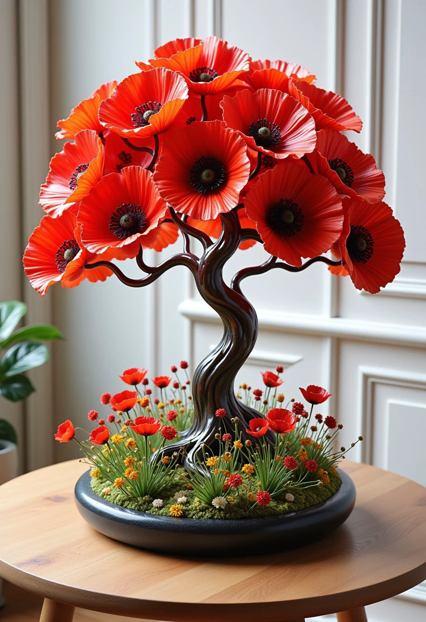 A beautiful statue of a tree made of poppy,red,flowers,8k,photorealistic,