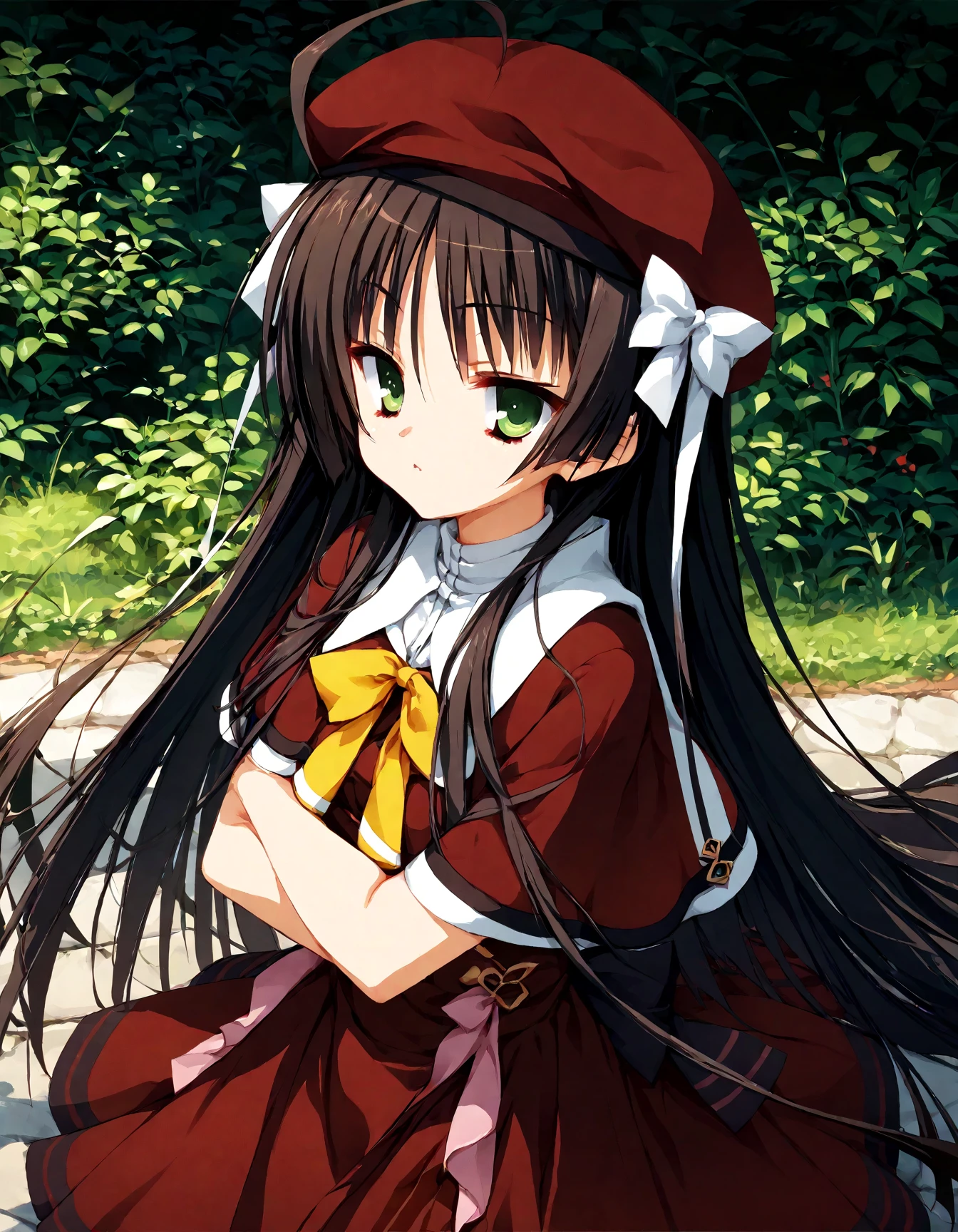 (score_9,score_8_up,score_7_up),source_anime,best quality,masterpiece,
yuzusoft_early, 1girl, green_eyes, school_uniform, black_hair, red_eyes, brown_hair, v_arms, beret, dress, very_long_hair, ahoge, capelet, bow