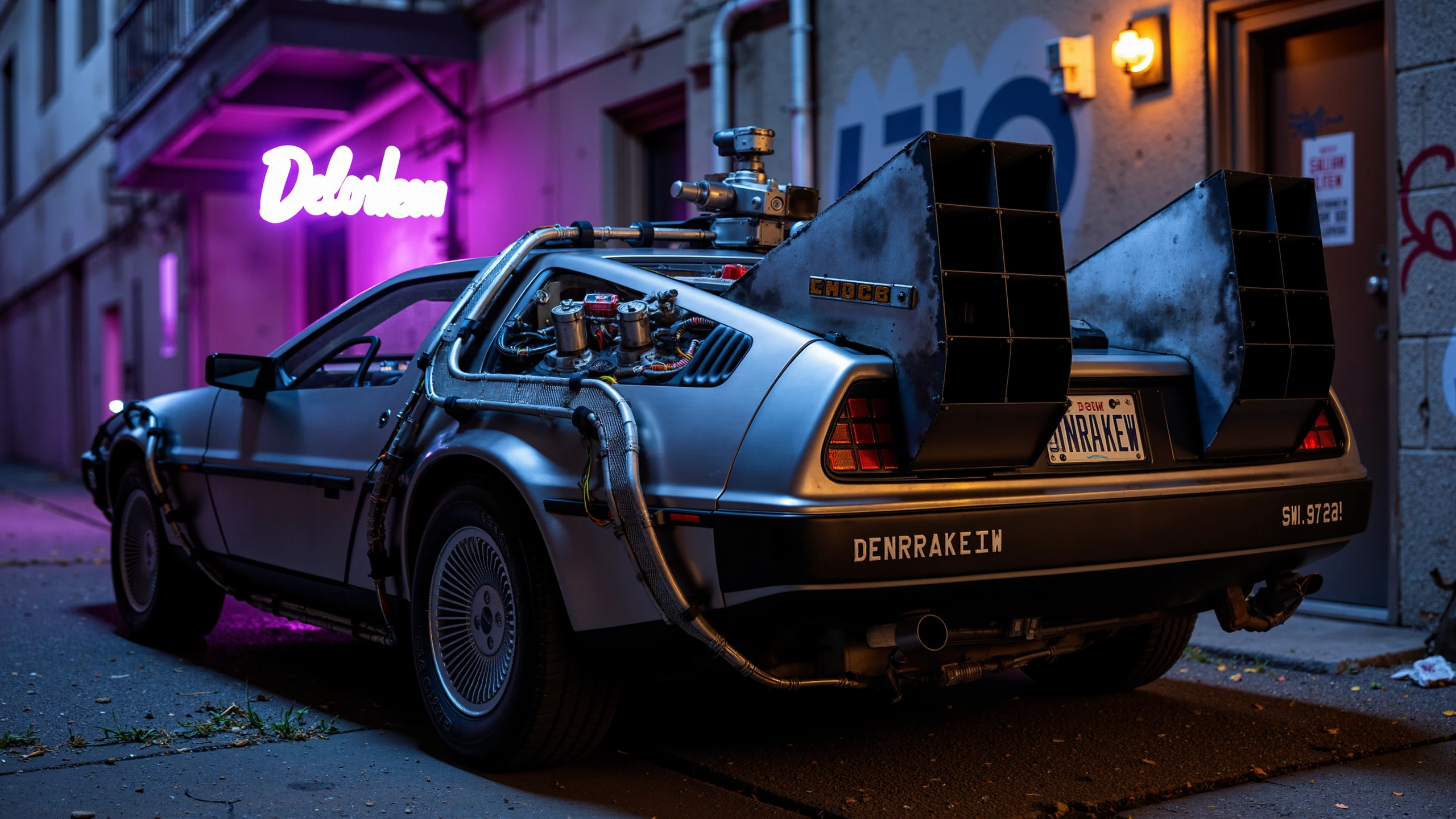 A heavily weathered, retro-futuristic DeLorean backside,numberplate reads DENRAKEIW, rear view,sits in a dimly lit alleyway covered in grime and graffiti. Flickering neon signs reads DeLorean, cast a faint purple glow over the scene, with trash scattered on the ground. The car’s metallic body reflects the cold industrial lighting of the surrounding worn-down buildings.