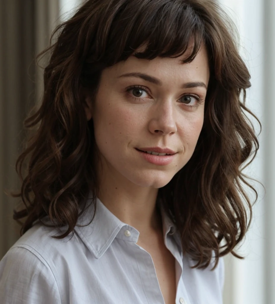 A stunning professional photo of (frances_oconnor:1.1),  collared shirt, skirt, cute smile, (very short bob) (hair parting on left side), Dark wavy hair, brown eyes, beautiful eyes, early summer, soft natural light, highly realistic skin, highly realistic face, highly realistic eyes, at a garden party, party lights, low light, soft natural light, Rembrandt style light, made with a Mamiya camera, Ilford medium format film, film grain, masterpiece, sharp focus,
 <lora:Frances_OConnor-SDe14:0.8>