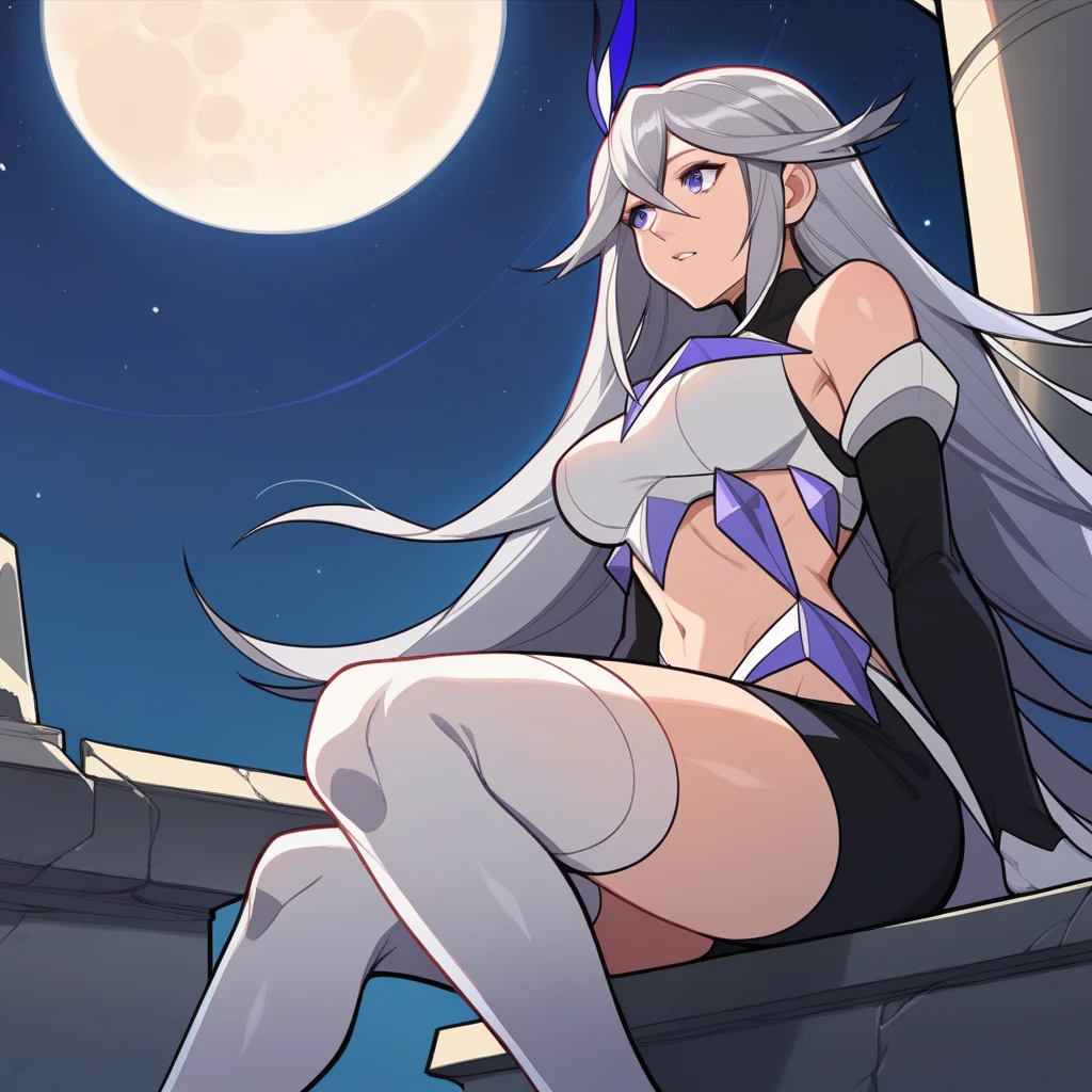 score_9_up, score_8_up, masterpiece, best quality, 1girl, solo, Bella, Bel_Def, moon surface, ruins, dust, starry sky, sitting on pillar, from below, looking at moon, parted lips, from side, thigh boots, foreshortening, face focus, grey hair, hair between eyes, hair ornament, long hair, white armor, purple armor, breastplate, black turtle neck, detached sleeves, black sleeves, white gauntlet, purple finger gloves, white gloves, midriff, navel, short shorts, black shorts, white thighhighs, two-tone skirt, mature body, dynamic cowboy shot, outdoors, space background