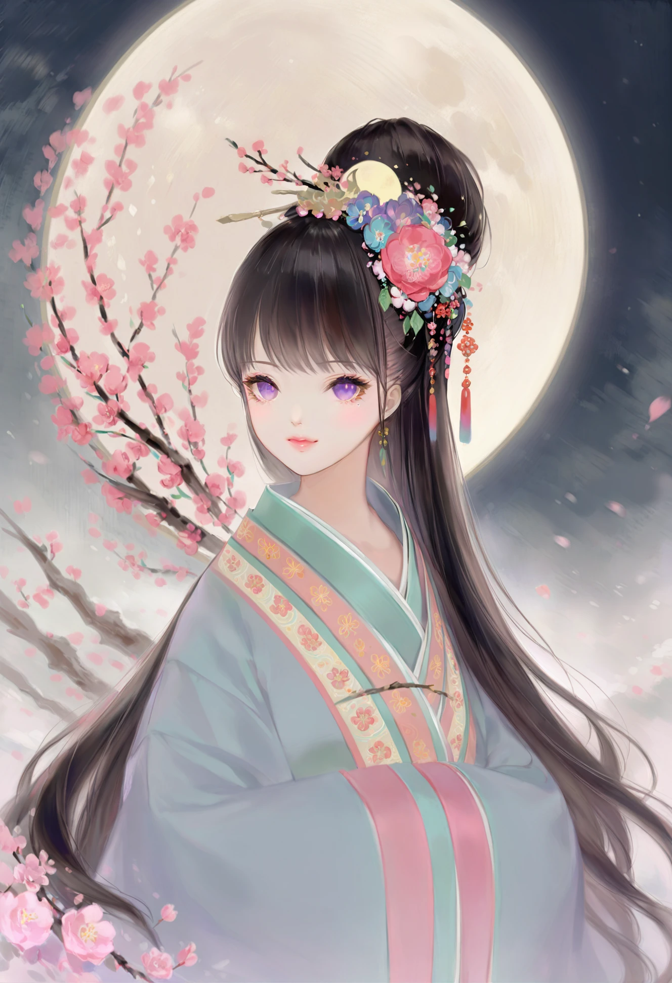 masterpiece, best quality,solo, long hair, black hair, mole under eye, 1girl, mole, upper body, petals, looking at viewer, hanfu, hair ornament, purple eyes, moon, branch, cherry blossoms, japanese clothes, chinese clothes, flower 
<lora:DADACHYOXLlokr4f-000179:0.8>