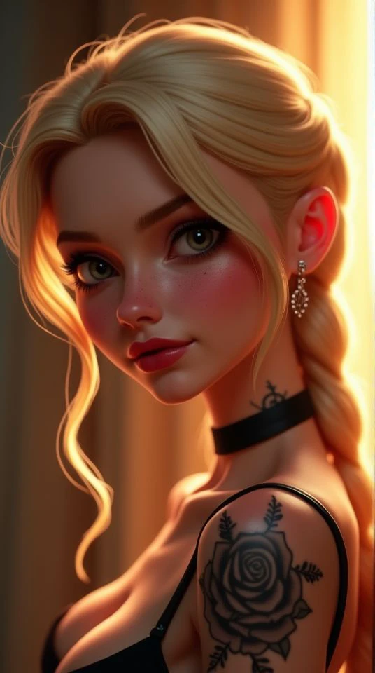 SFW,highest quality,woman,27 year old,backlighting,black choker,blurry background,blush,closed mouth,collarbone,earrings,forehead,freckles,hair over shoulder,jewelry,long hair,looking down,pointy nose,lips glossy,shadow,solo,thick eyebrows,thick eyelashes,upper body, expressive eyes, medium eyes, detailed eyes,blond hair,braids,tattoos,tattoos on arms,black rose tattoos on neck,sun beams,warm light,cozy,((masterpiece)), realistic, disney pixar style, 3d, 3d rendering