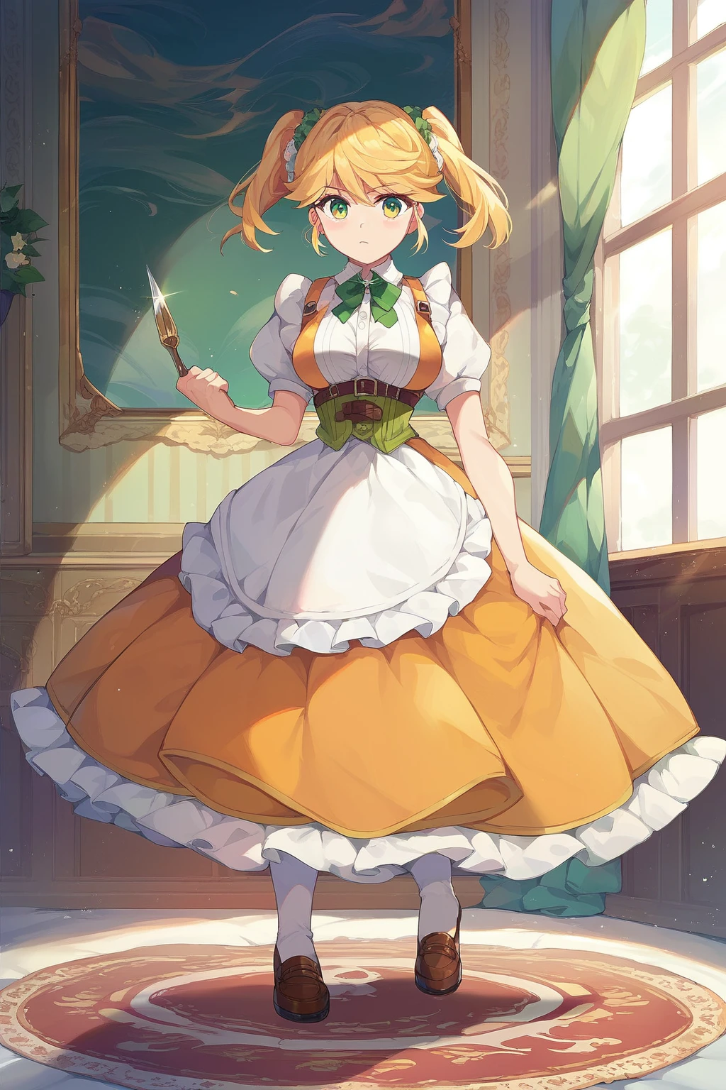 score_9, score_8_up, score_7_up, score_6_up, score_5_up, score_4_up, masterpiece, high quality, full body,    <lora:Tarte(WFA):1> blond hair, yellow hair, green eyes, orange maid clothes, twintails, large breasts, green corset,