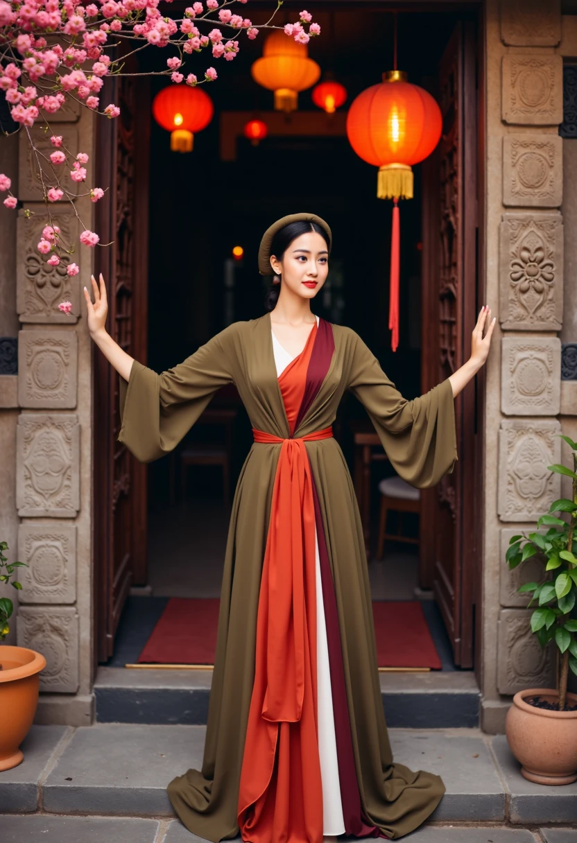 A young Vietnamese woman dressed in a traditional Áo Tứ Thân with rich, earthy colors of deep brown, olive green, and maroon, layered over a bright red yếm. Her hair is styled in a traditional bun, with a silk scarf loosely tied around her head. She is standing gracefully at the entrance of an ancient Vietnamese temple, with intricate carvings and weathered stone walls. The soft glow of lanterns illuminates her serene face and the delicate folds of her dress. Around her, there are blooming cherry blossoms and incense smoke swirling in the evening air, adding a mystical atmosphere to the scene. Photorealistic, 4K resolution, evening lighting with a warm, golden hue