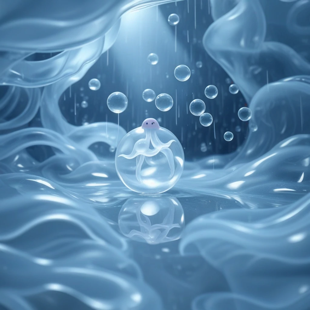 star (symbol), pokemon (creature), watery, closed eyes, clear, jellyfish, sky, moisture, blurry, capttranslucentslime, sunlight, underwater, bubbles, light, light rays, tentacles, solo, translucent slime, reflection, orb, rain, long hair