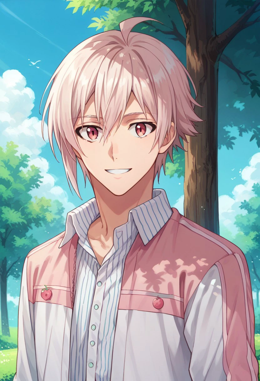 score_9, score_8_up, score_7_up, source_anime, highly detailed, 
tennkujo, 1boy, male focus, solo, pink hair, looking at viewer, hood, ahoge, shirt, stripe,
upper body, smile,
outdoor, sky, tree