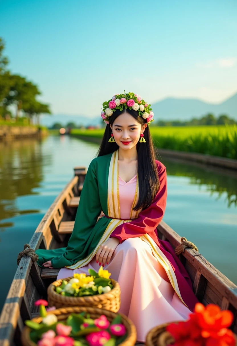 A young Vietnamese woman in a traditional Áo Tứ Thân with shades of emerald green, burgundy, and ivory, elegantly draped over a light pink yếm. Her long, straight black hair is adorned with fresh jasmine flowers, cascading over her shoulders. She is seated gracefully on a traditional wooden boat gliding gently down a river. The boat is filled with baskets of colorful flowers, and the water reflects the lush green rice paddies and distant mountains under a clear blue sky. The woman’s peaceful expression and relaxed posture evoke a sense of tranquility and connection with the flowing river. Photorealistic, 4K resolution, golden hour lighting